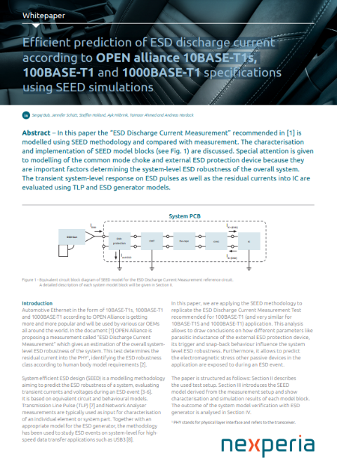 Efficient prediction of ESD discharge current according to OPEN alliance 10BASE-T1s, 100BASE-T1 and 1000BASE-T1 specifications using SEED simulations